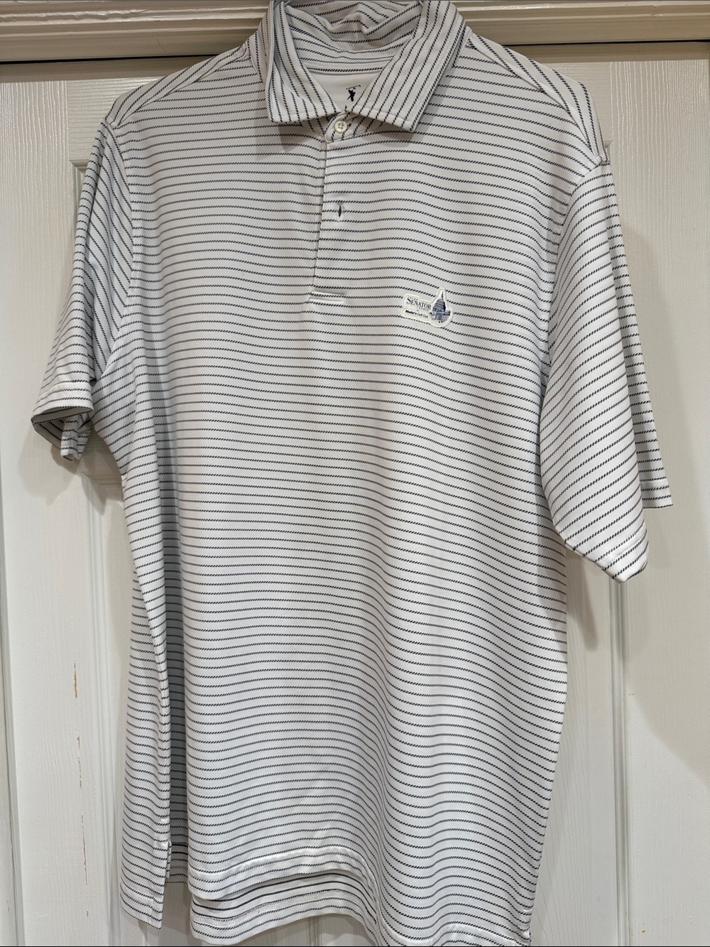 Fairway & Greene White Polo with Thin Navy Stripes